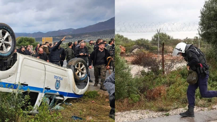 Χάμος-στα-Χανιά-με-αγρότες-και-ΜΑΤ-–-Πετροπόλεμος,-αναποδογυρισμένο-περιπολικό,-τραυματίες
